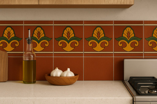 Terracotta and yellow talavera Mexican border tile adding handcrafted charm to a rustic kitchen wall