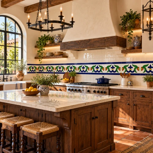Cobalt leaf talavera border tile with medallion in a bright Spanish Revival kitchen.