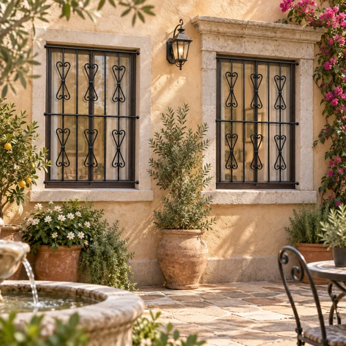 Black wrought iron window guard with scroll top design in a Mediterranean courtyard