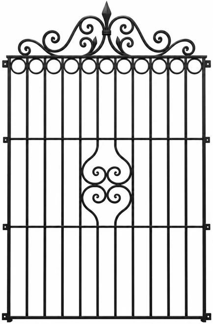 Wrought iron door guard with curved crest and heart scrolls
