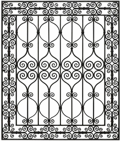 Wrought iron window guard with ornamental scrollwork with Baroque design