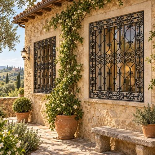 Wrought iron window guard with ornamental scrollwork design on a Tuscan country house