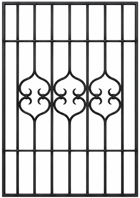 Wrought iron window guard with a decorative scrollwork