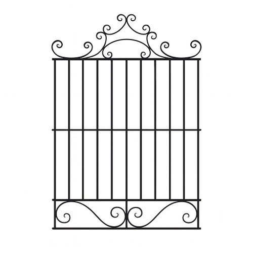 Moorish wrought iron window guard with a scroll crest