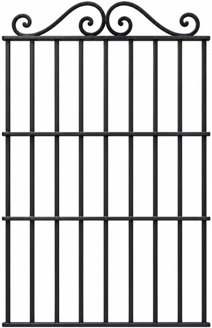 Rectangular wrought iron window guard with a top scrollwork