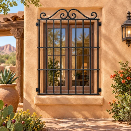 Rectangular wrought iron window guard with top scrollwork on a warm adobe house exterior