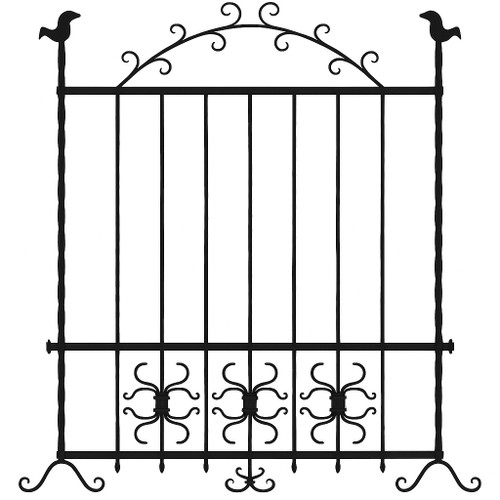 Hand-forged iron window guard with scrollwork and bird finials