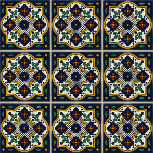 Cobalt terracotta lattice talavera tile shown in a 6-piece set with clear grout lines