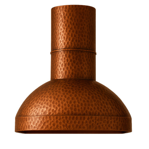 Minimalist copper range hood with round chimney front view on white background, hammered copper canopy with cylindrical chimney