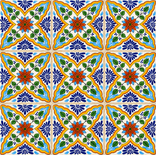 Talavera mexican tile with light blue floral cross shown in a 9-tile grid with clear light grout lines