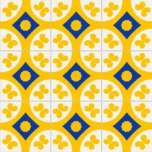 Talavera tile yellow blue diamond tile set showing repeated symmetrical pattern in a 3×3 grid
