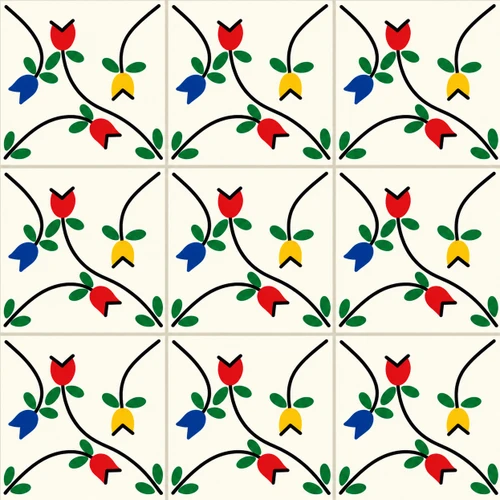 Talavera tile with floral tulip pattern shown in a 3x3 grid with light gray grout lines