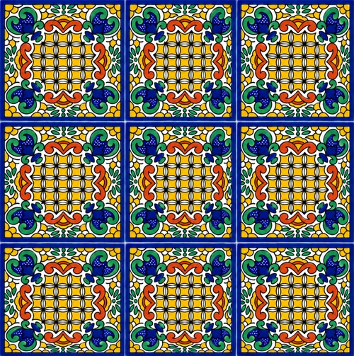 Mexican talavera tile with yellow grid floral pattern shown as a seamless 9-tile composition with light grout