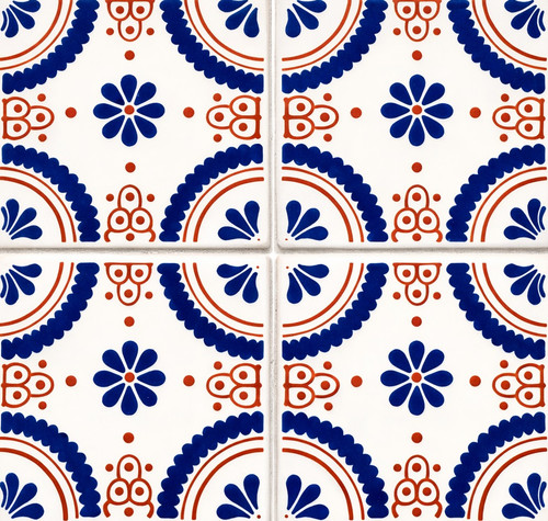 Blue talavera floral medallion tile four piece set with light grout