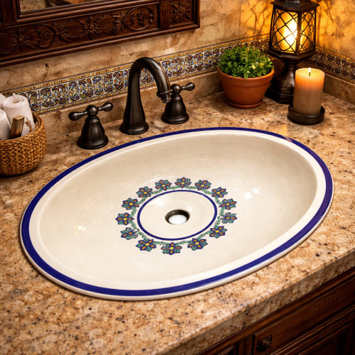 Minimal talavera floral ring bathroom sink showcased in a calm bathroom with stone vanity and soft lighting