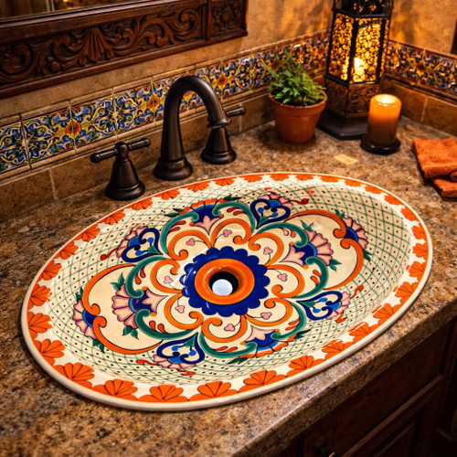 Mexican talavera lattice scrollwork bathroom sink displayed in a restaurant restroom with traditional decor