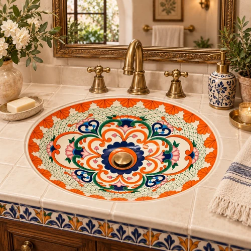 Mexican talavera lattice scrollwork bathroom sink in a vintage brass bathroom with artisan tile