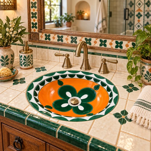 Orange green talavera bathroom sink in an artisan tile bath with colorful accents and warm wood