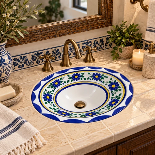 Talavera blue yellow floral sink in a Mediterranean guest bath with stone tile and brass accents