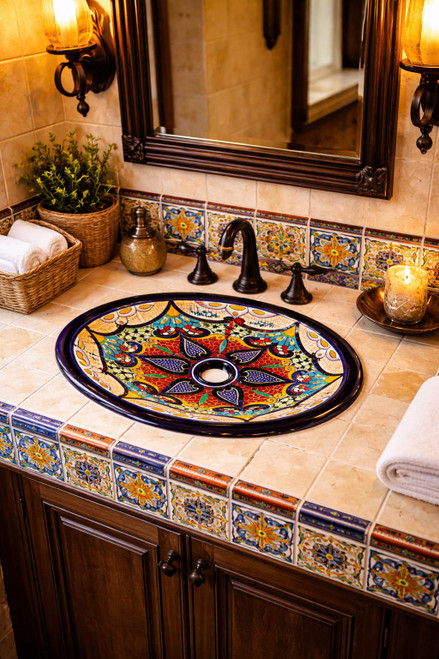 Vibrant floral talavera bathroom sink featured in a restaurant washroom as a handcrafted ceramic focal point