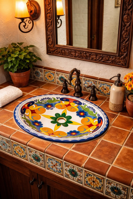 Multicolor floral talavera bathroom sink featured in a house bathroom with traditional artisan design