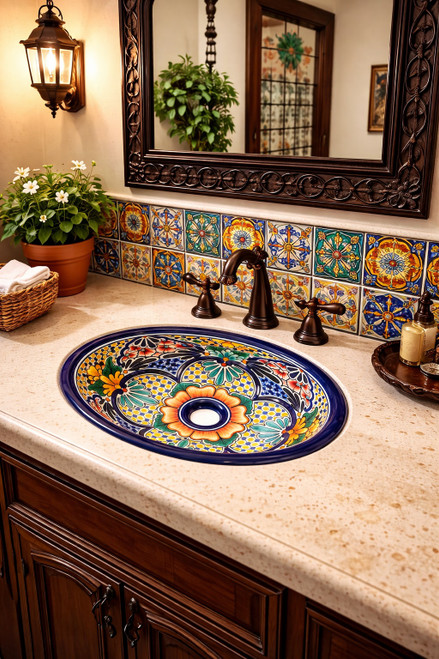 Talavera floral medallion bathroom sink displayed in a Spanish Revival space with classic architectural accents