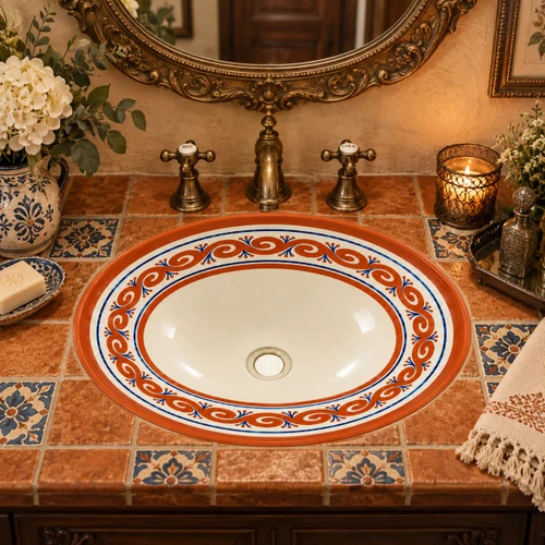 Terracotta scroll Mexican bathroom sink in a vintage powder room with antique brass fixtures