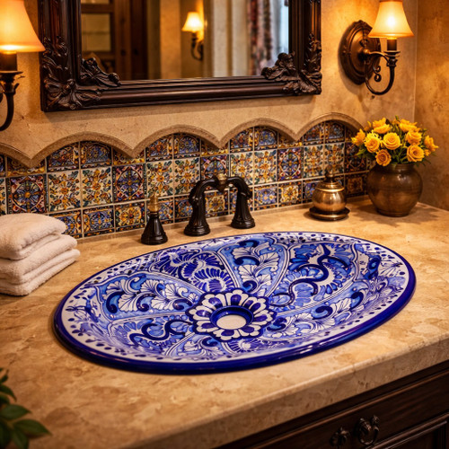 Cobalt talavera scrollwork bathroom sink installed in a Spanish Revival bathroom with arches