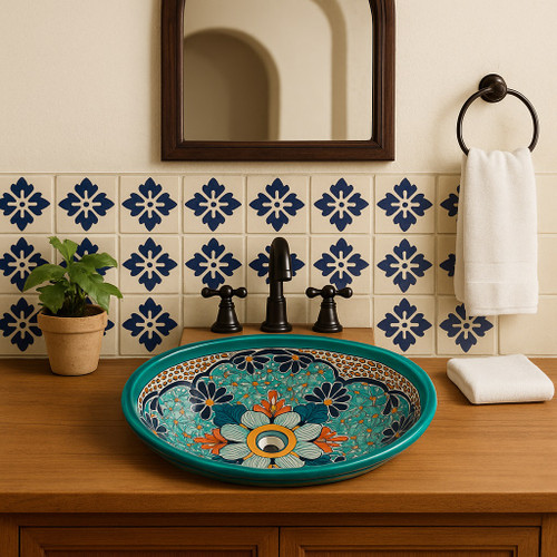 Mexican turquoise medallion bathroom sink featured in a bright bathroom setting with artisan styling