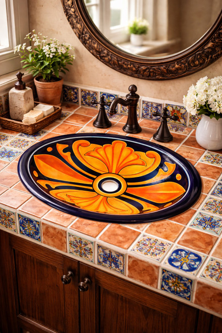 Talavera bathroom sink shell motif placed in a house bathroom creating a bold artisanal focal point