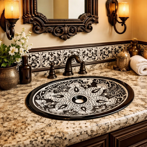 Black white talavera bathroom sink displayed in a Spanish Revival bathroom with tile walls and iron accents