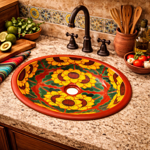 Sunflower talavera bathroom sink used as a decorative prep sink in a rustic kitchen setting