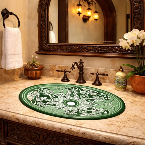 Oval green talavera mexican bathroom sink lattice in Spanish Revival bathroom with arched mirror and wrought iron fixture