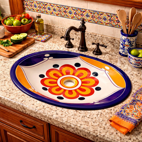 Talavera yellow floral center sink installed as a decorative prep sink in a traditional kitchen space