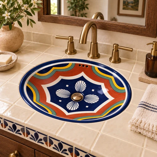 Talavera bathroom sink geometric design in a modern hacienda retreat with artisan tile