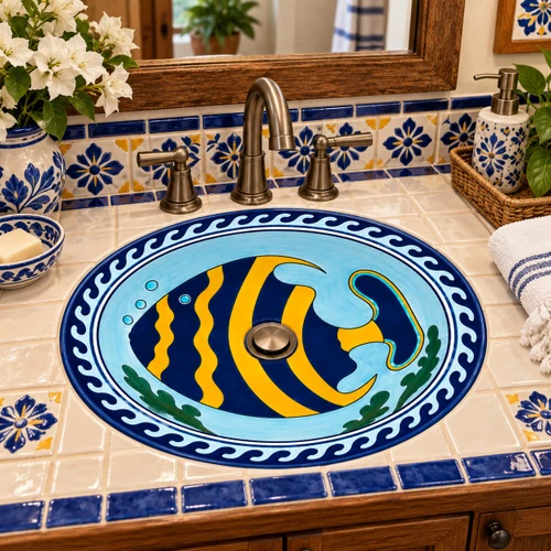 Talavera bathroom sink tropical fish in an artisan tile bath with warm wood and brass details