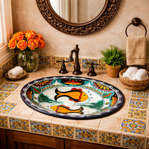 Talavera orange fish bathroom sink used as a focal piece in a guest bathroom with artisan accents