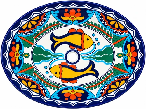 Oval talavera bathroom sink orange fish floral border