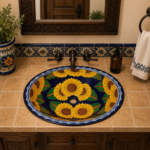 Mexican bathroom sink with hand painted sunflower design bathroom vanity
