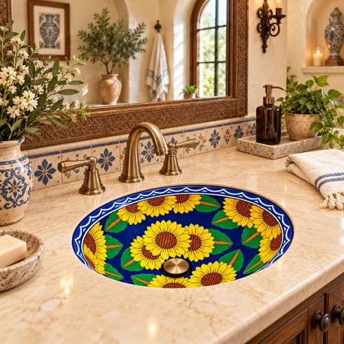 Oval talavera bathroom sink cobalt sunflower floral pattern in a Mediterranean vanity setting