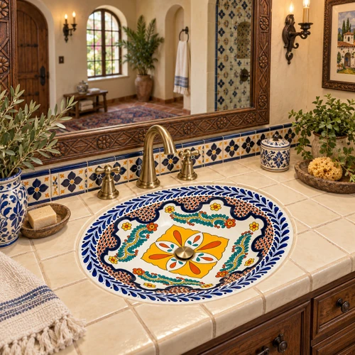 Oval talavera bathroom sink floral medallion Mexican design in Spanish Revival bath.