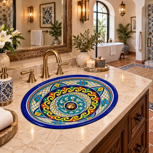 Oval talavera bathroom sink cobalt floral medallion design in boutique hotel bathroom.