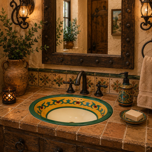 Mexican bathroom sink green vine displayed in a rustic bathroom environment featuring handcrafted elements and natural materials