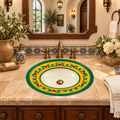 Oval talavera bathroom sink green vine floral design in a Spanish Revival powder room.