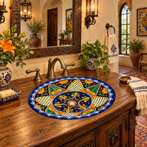 Oval talavera bathroom sink navy yellow floral medallion in hacienda powder room.