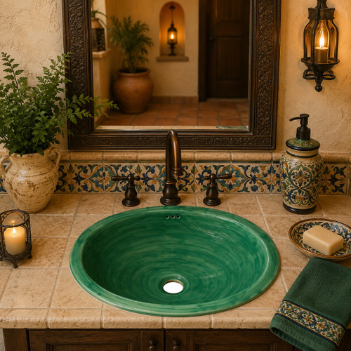 Elegant oval ceramic Mexican sink with green floral scrollwork in a Mediterranean-style vanity.