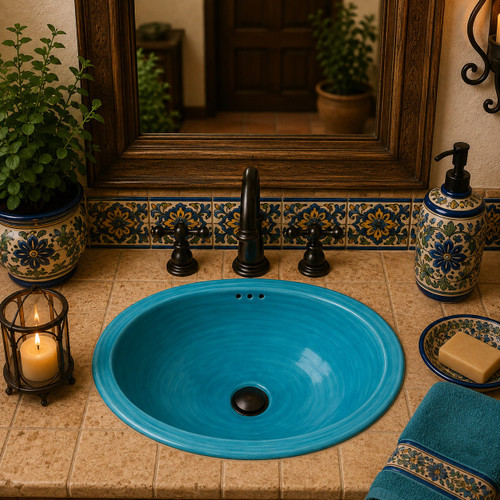 Handcrafted turquoise Mexican sink installed in a warm bathroom vanity with artisan tile.