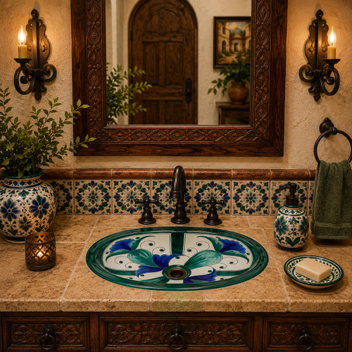 Mexican bathroom sink with green and blue motif in a bathroom with talavera tile backsplash