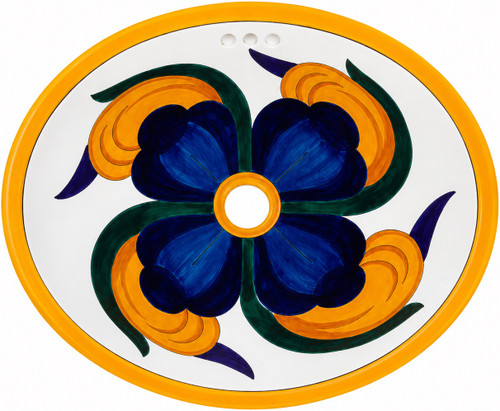 Mexican bathroom sink with blue and orange petal design