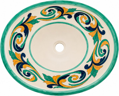 Elegant Mexican bathroom sink with green scrollwork